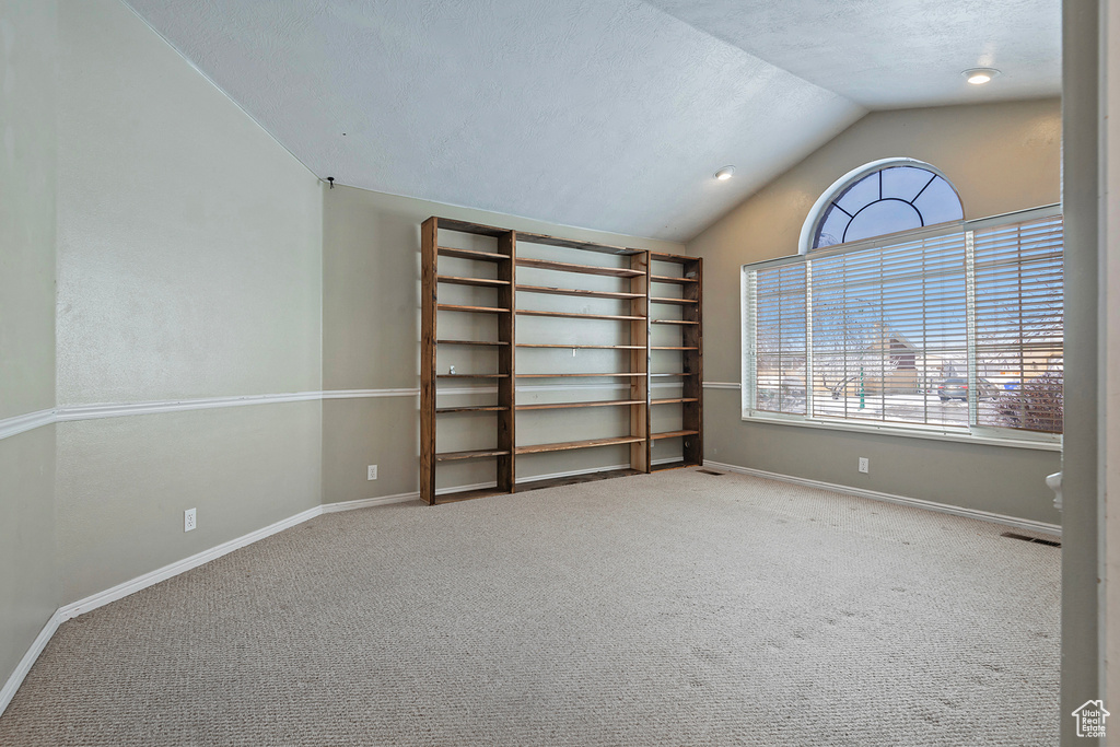 Carpeted spare room featuring lofted ceiling, visible vents, baseboards, and a textured ceiling