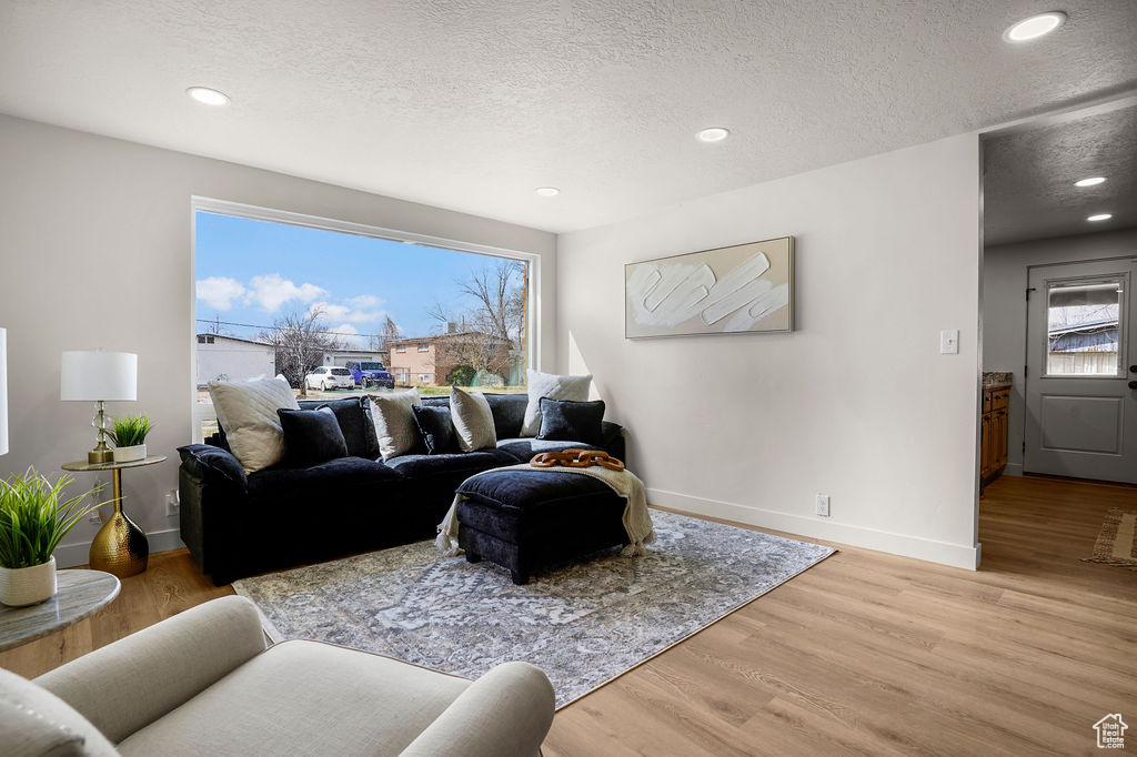 Living room with baseboards, light wood-type flooring, and a textured ceiling