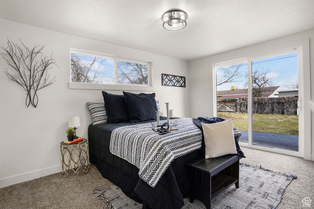 Carpeted bedroom featuring baseboards, a textured ceiling, and access to exterior