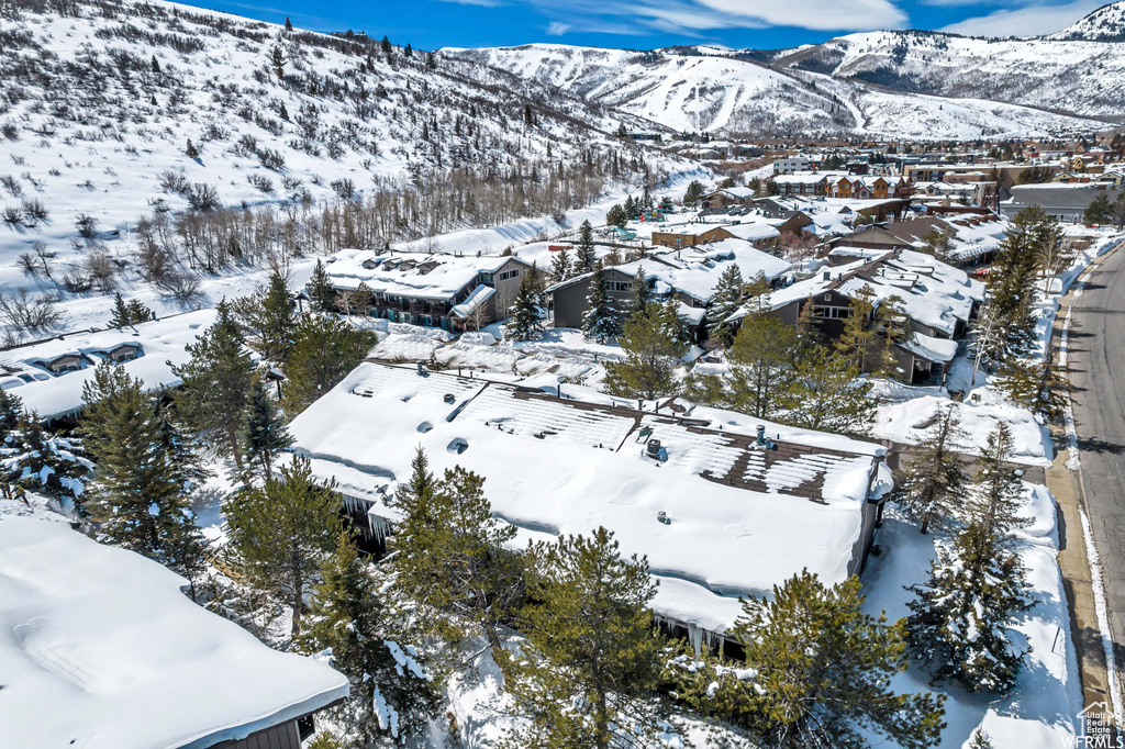 Snowy aerial view with a mountain view and a residential view