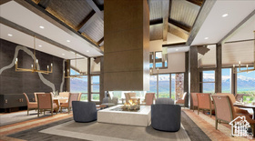 Building lobby featuring a high ceiling, recessed lighting, a wall of windows, and beam ceiling