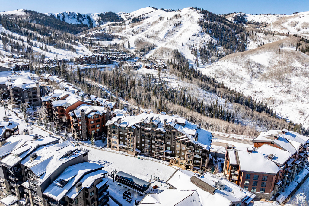 Snowy aerial view featuring a mountain view
