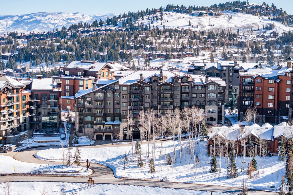 Snowy aerial view featuring a mountain view