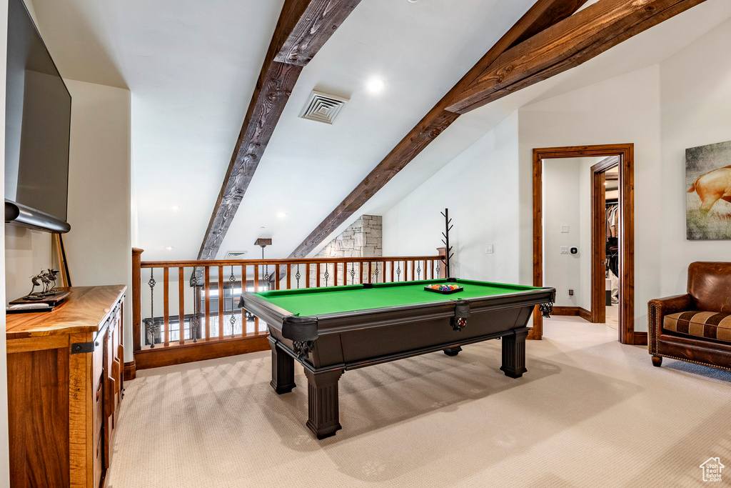 Playroom featuring light colored carpet, beam ceiling, baseboards, pool table, and visible vents