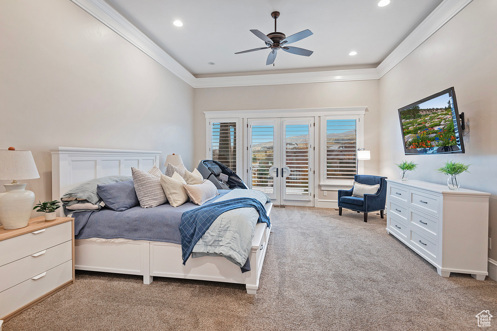 Bedroom with light colored carpet, access to outside, crown molding, a ceiling fan, and recessed lighting