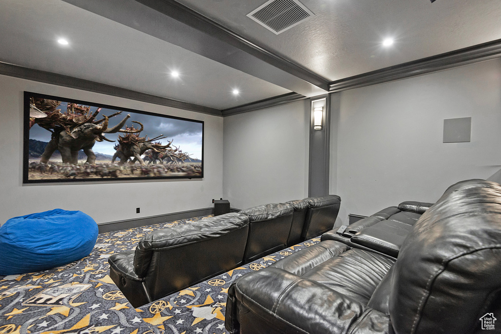 Cinema featuring crown molding and recessed lighting