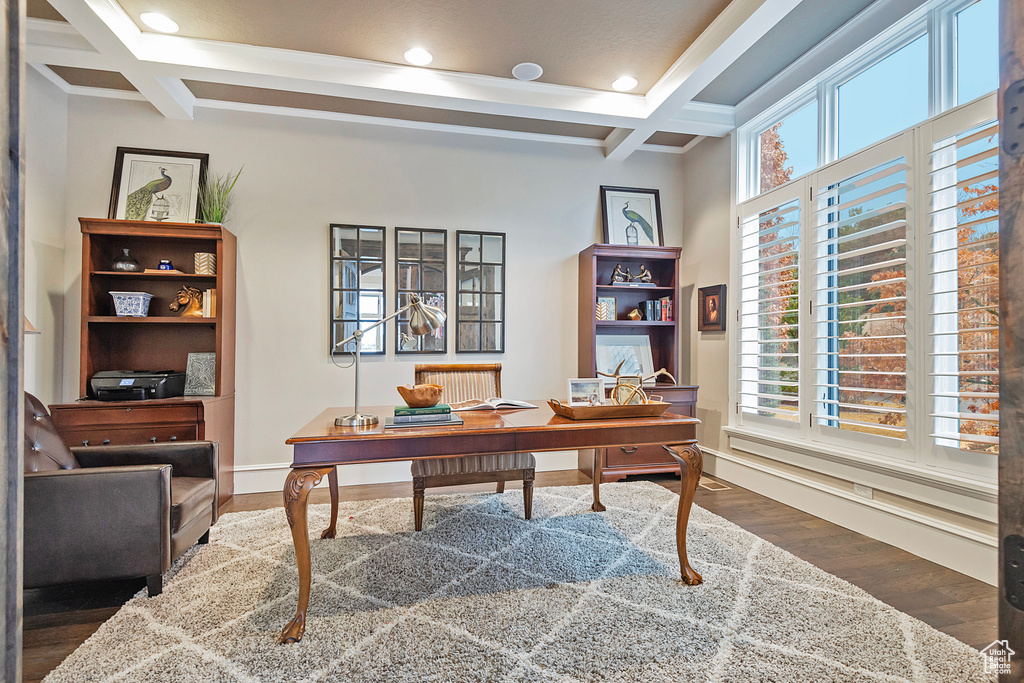 Office area featuring coffered ceiling, wood finished floors, healthy amount of natural light, beam ceiling, and recessed lighting
