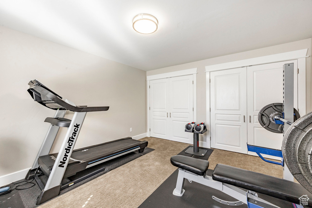 Workout room featuring baseboards and carpet flooring