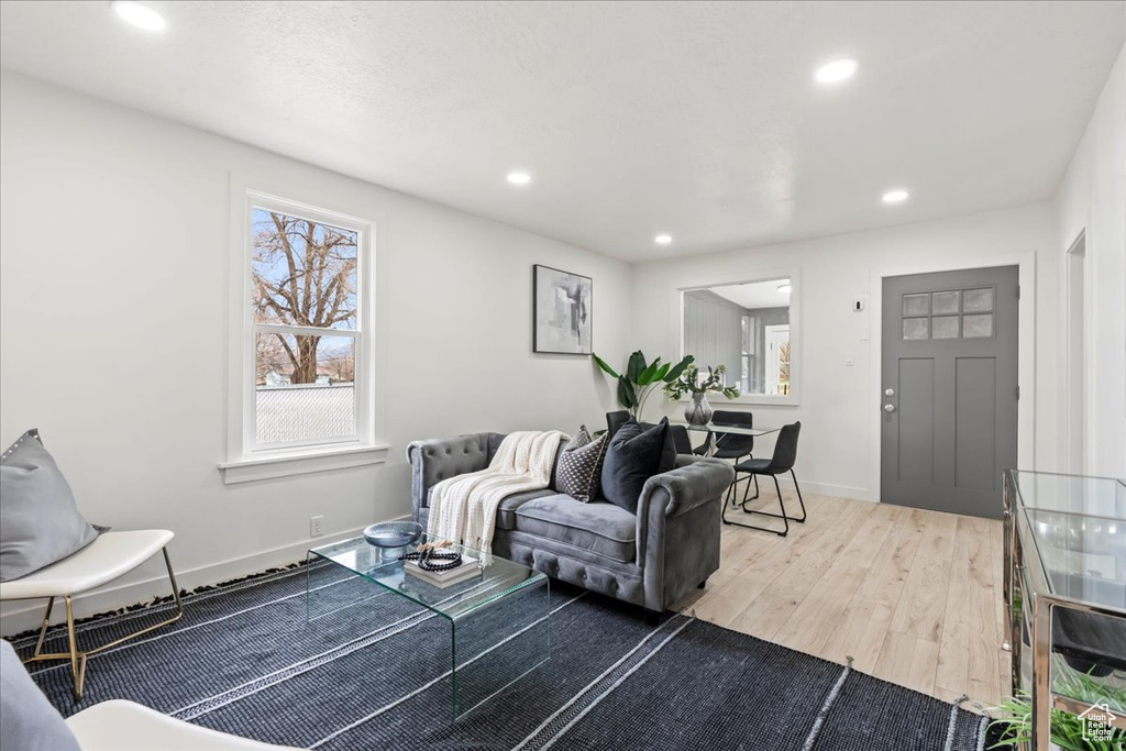 Living area featuring recessed lighting, baseboards, and wood finished floors