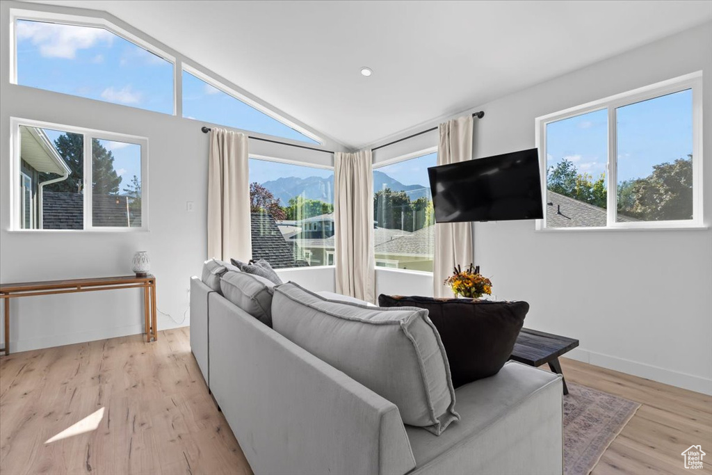 Living area featuring lofted ceiling, baseboards, light wood-type flooring, and a wealth of natural light