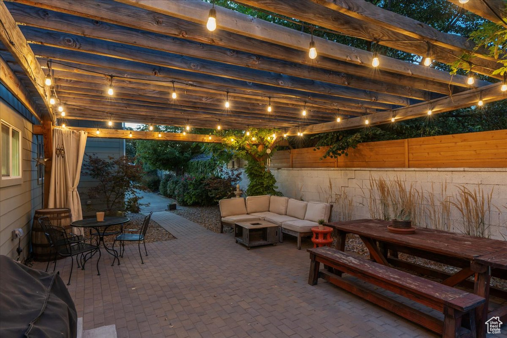 View of patio / terrace with area for grilling, outdoor dining space, outdoor lounge area, and a pergola