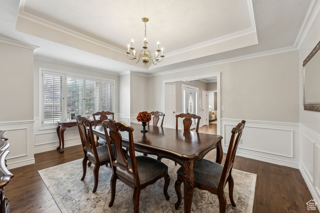 Dining space featuring a wainscoted wall, dark wood-type flooring, a raised ceiling, and an inviting chandelier