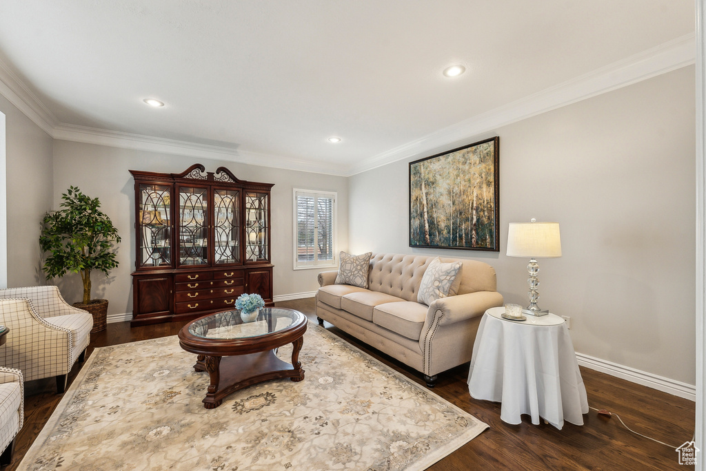 Living area with recessed lighting, baseboards, dark wood-style floors, and crown molding