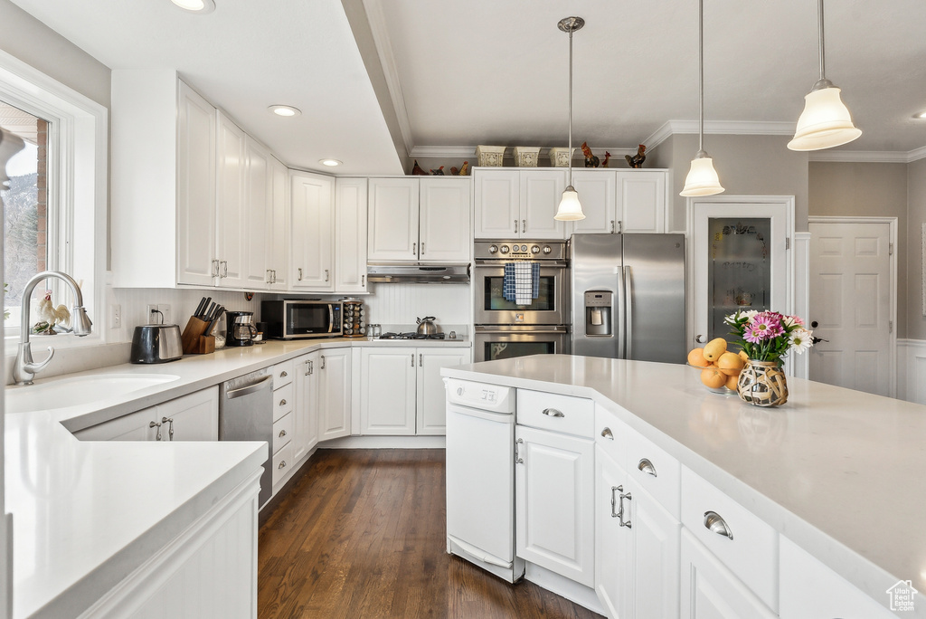 Kitchen with under cabinet range hood, ornamental molding, appliances with stainless steel finishes, white cabinets, and a sink