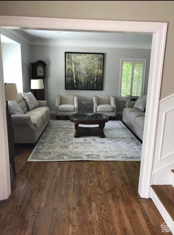 Living room featuring dark wood-style floors and crown molding