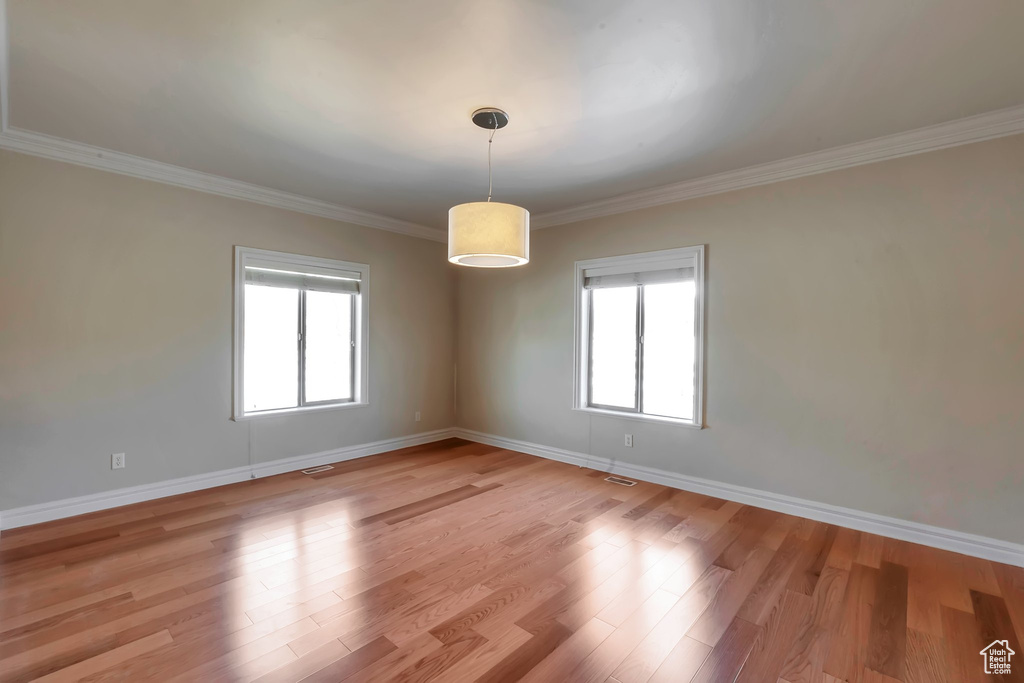 Spare room with ornamental molding, baseboards, and light wood-style flooring
