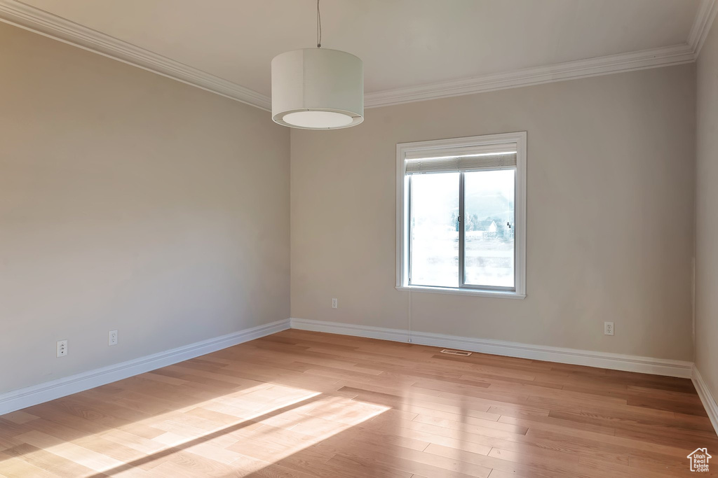 Unfurnished room featuring crown molding, baseboards, and light wood finished floors