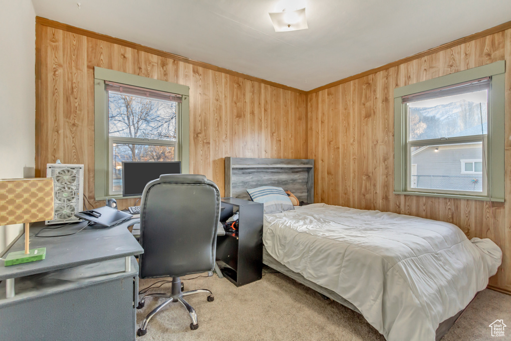 Bedroom with wood walls, carpet floors, and ornamental molding
