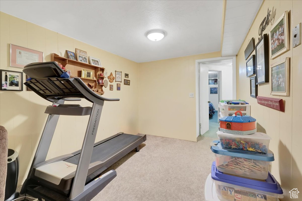 Workout room featuring carpet flooring