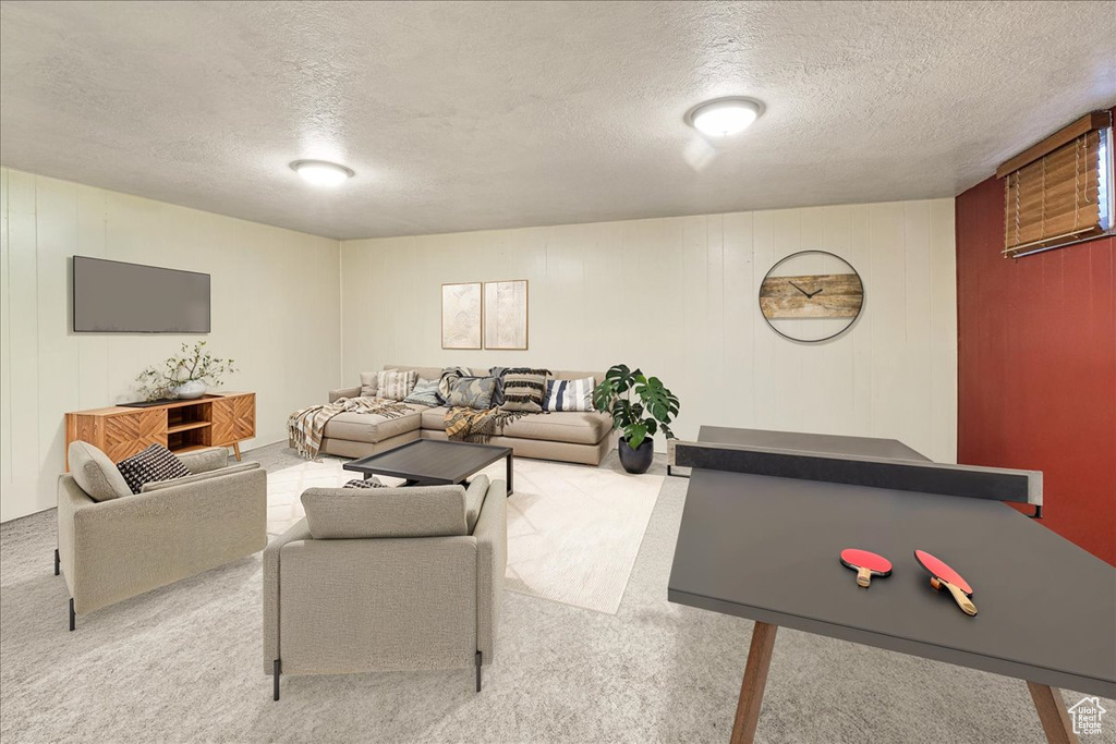 Living room featuring a textured ceiling and carpet
