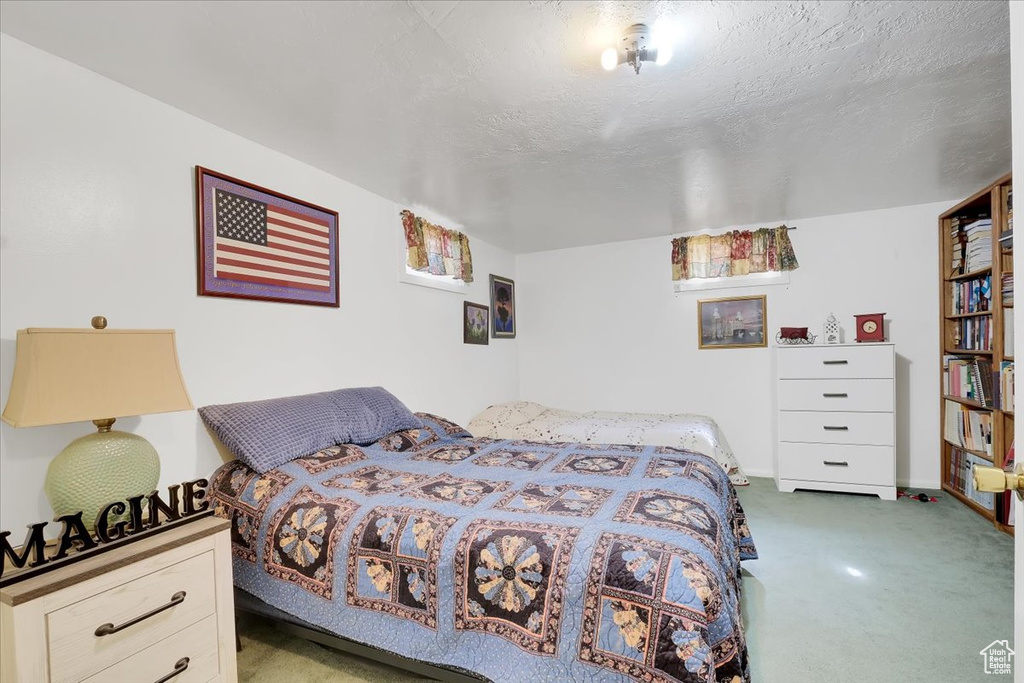 Bedroom featuring carpet and a textured ceiling