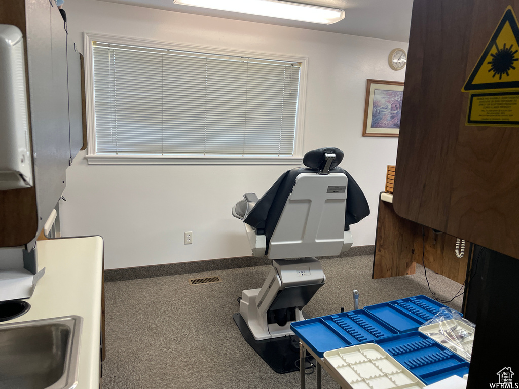 Workout room featuring visible vents, carpet floors, and a sink