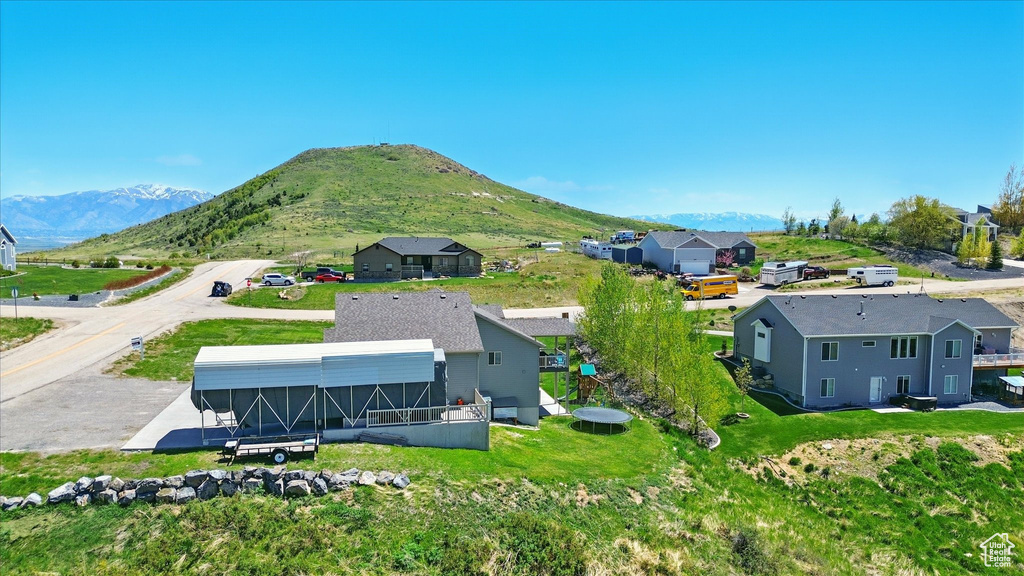 Aerial perspective of suburban area featuring mountains