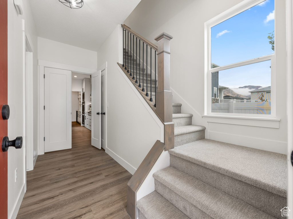 Staircase featuring baseboards and wood finished floors