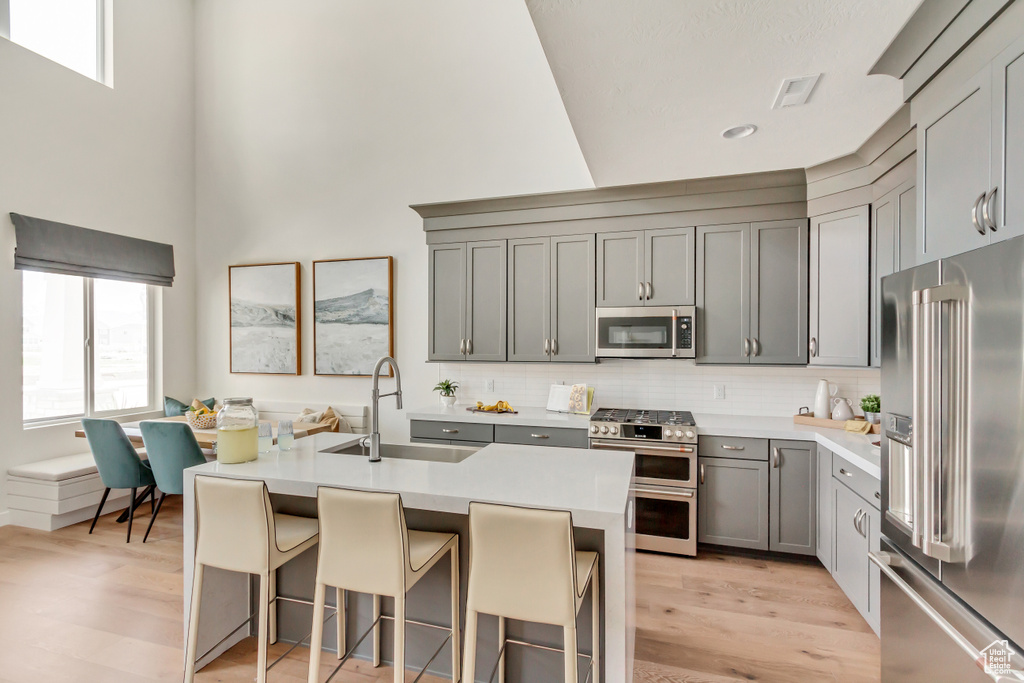 Kitchen with light wood finished floors, backsplash, gray cabinets, appliances with stainless steel finishes, and a sink