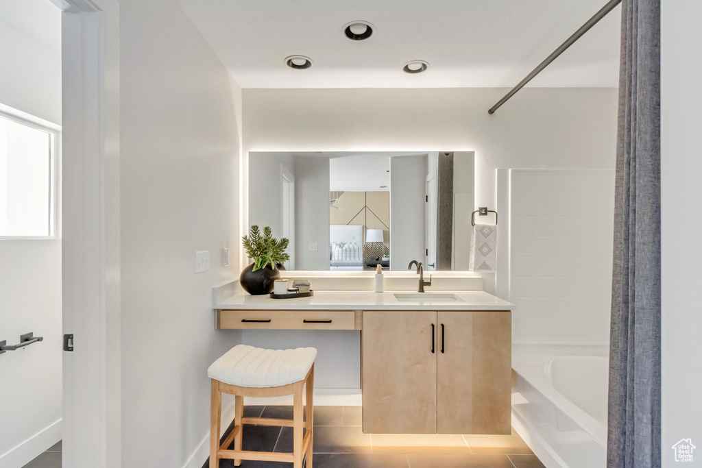 Full bathroom featuring tile patterned flooring, vanity, and shower / tub combination