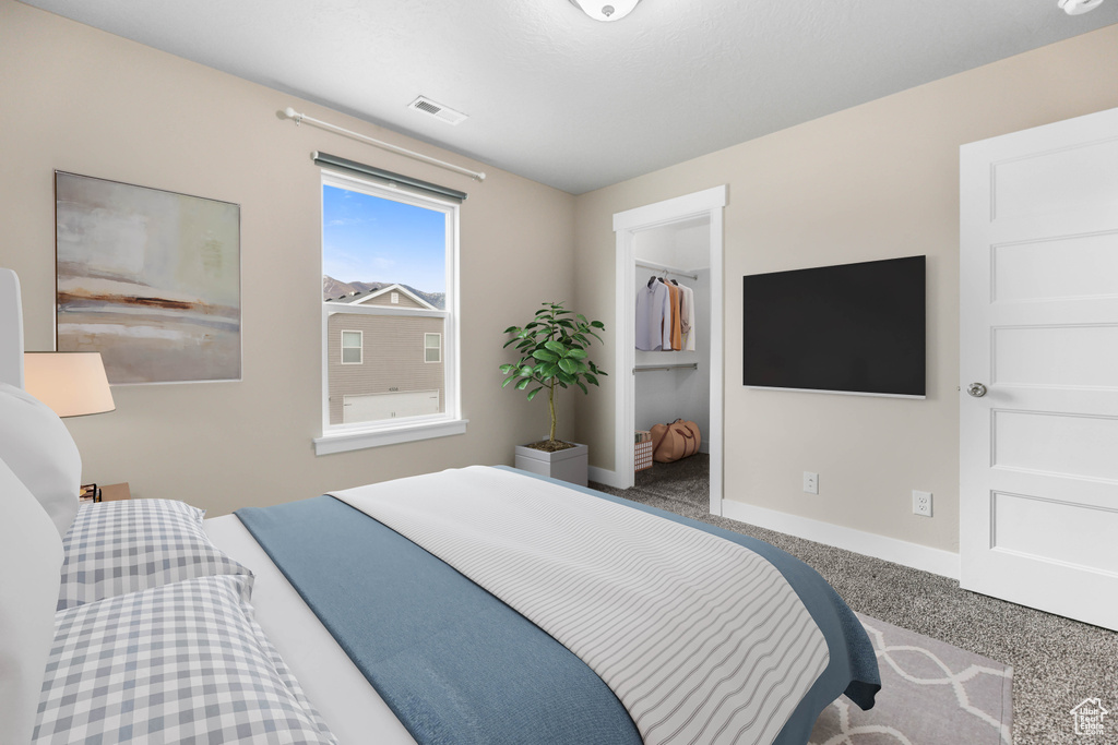 Carpeted bedroom featuring baseboards and a walk in closet