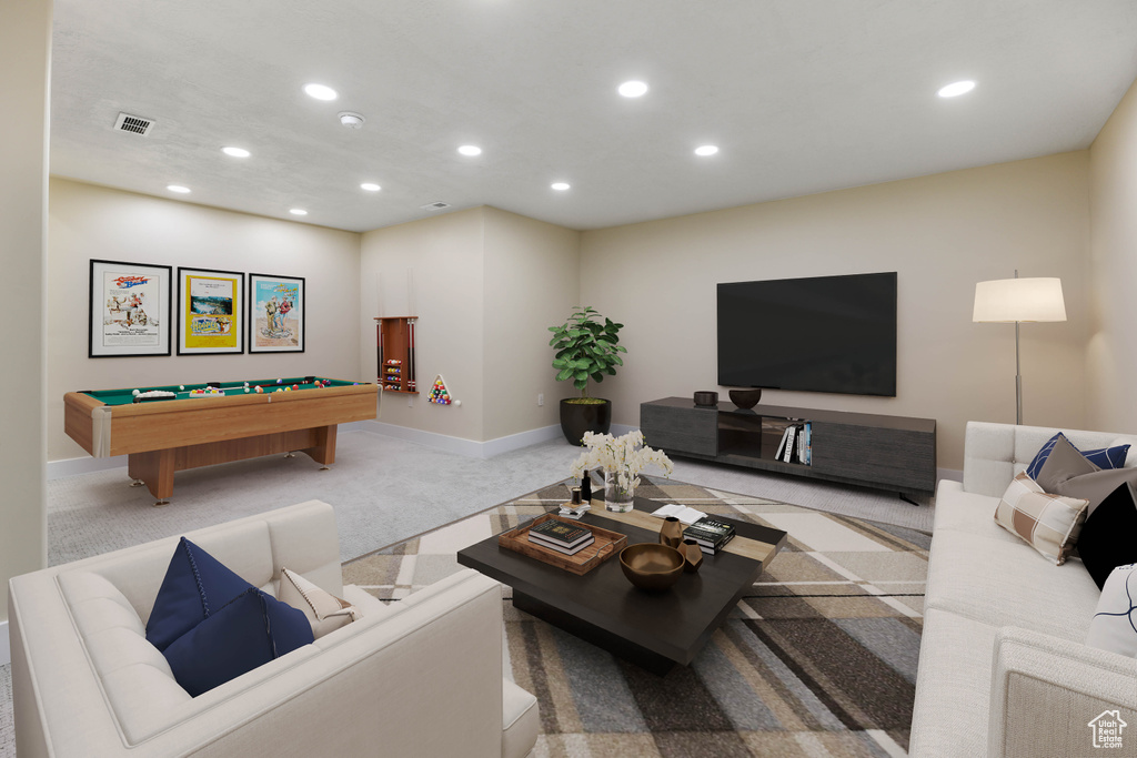 Living area featuring recessed lighting, billiards table, baseboards, and carpet flooring