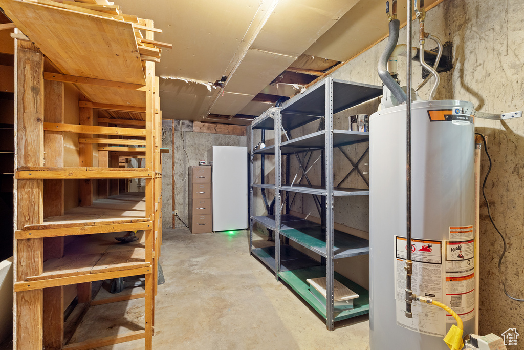 Storage room featuring gas water heater