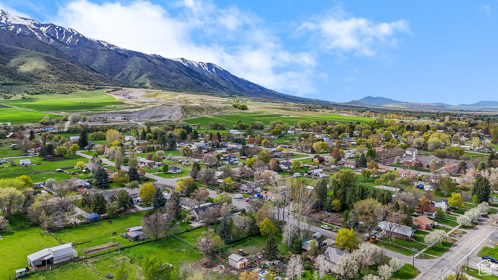 Drone / aerial view featuring a residential view and a mountain view