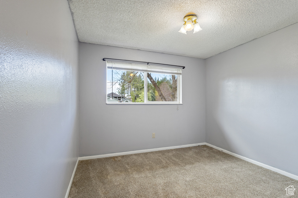 Carpeted empty room with baseboards and a textured ceiling
