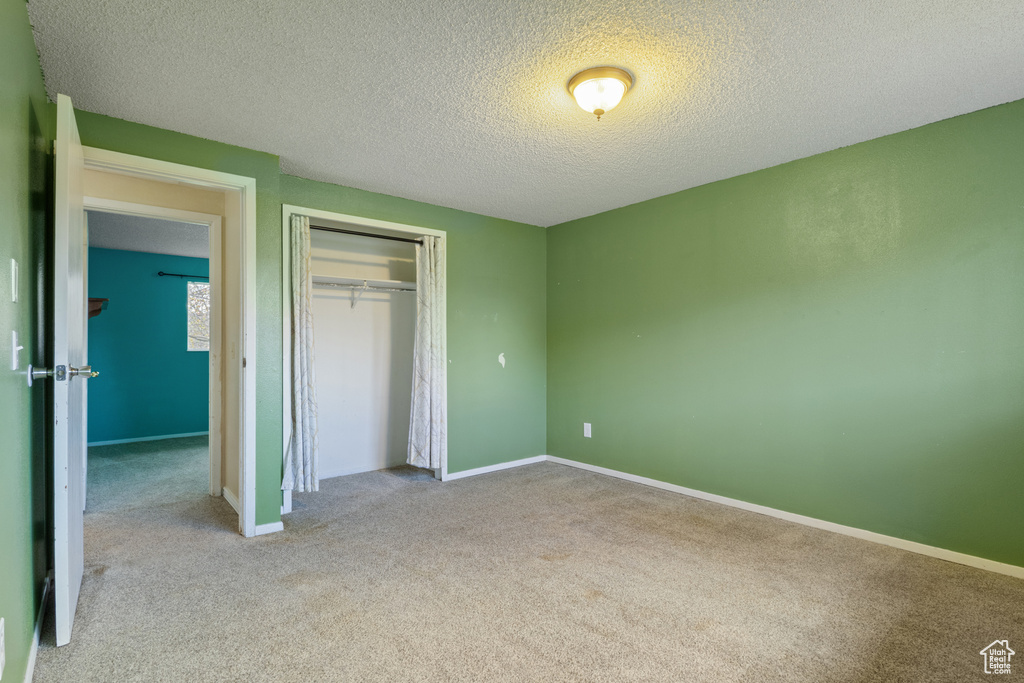 Unfurnished bedroom with carpet floors, a textured ceiling, baseboards, and a closet