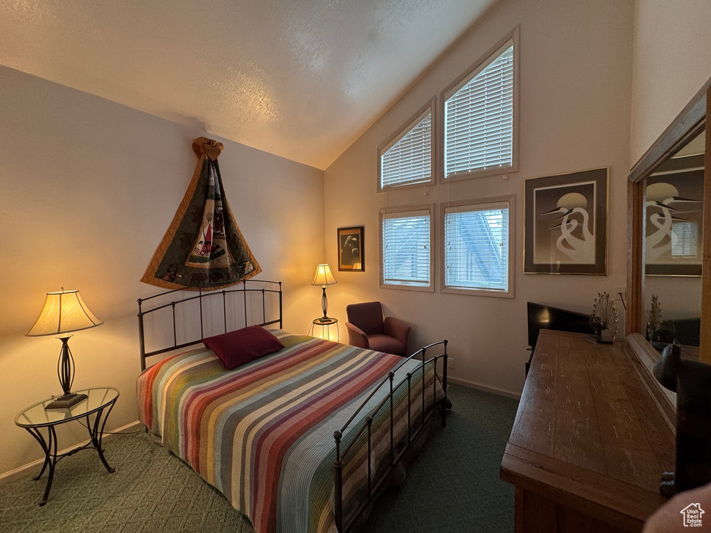 Bedroom featuring baseboards, carpet flooring, and vaulted ceiling