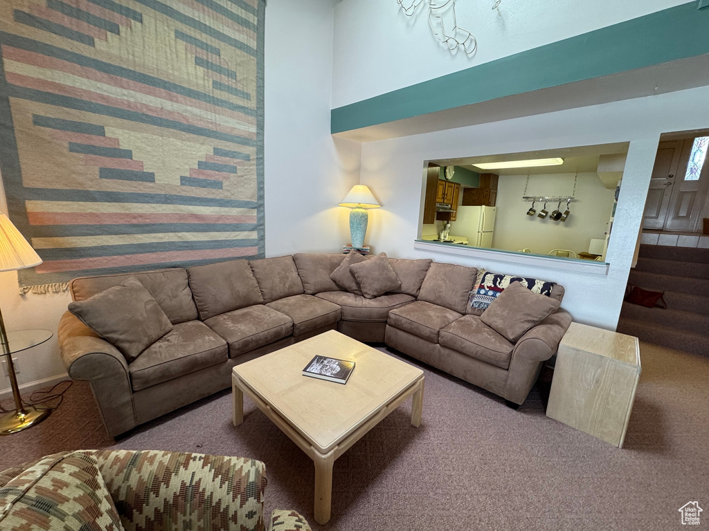 Living area featuring carpet floors and a high ceiling