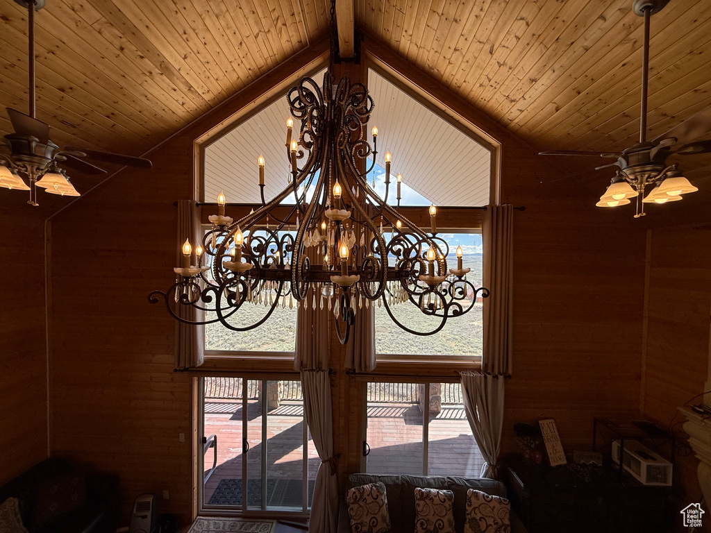 Detailed view of ceiling fan, wood walls, a chandelier, and wooden ceiling