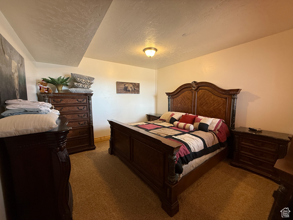 Bedroom featuring carpet floors and a textured ceiling