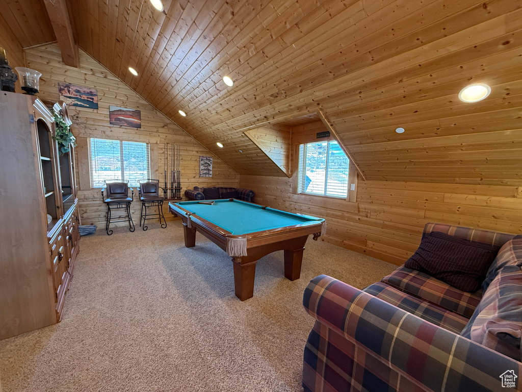 Recreation room featuring wooden ceiling, lofted ceiling, wooden walls, pool table, and recessed lighting
