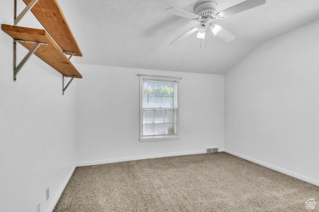 Additional living space featuring a textured ceiling, carpet, lofted ceiling, ceiling fan, and baseboards