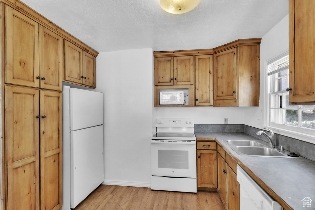 Kitchen with white appliances, a sink, light wood finished floors, and brown cabinetry