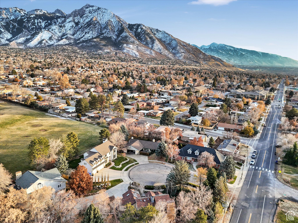Aerial view featuring a mountain view and a residential view