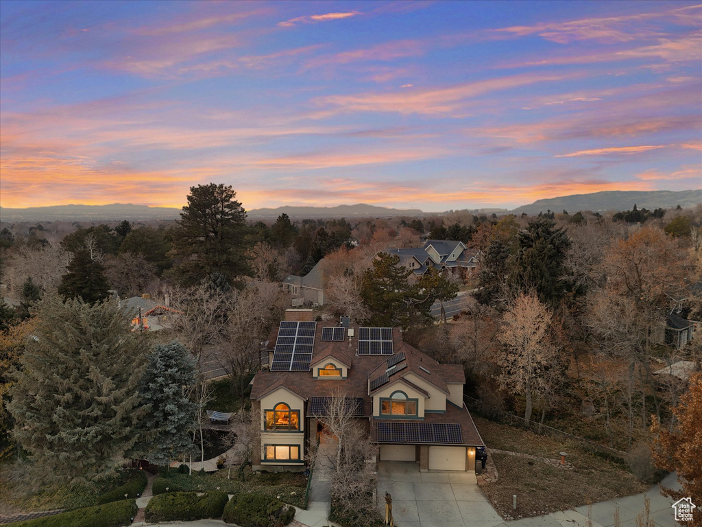 Aerial view at dusk with a mountain view
