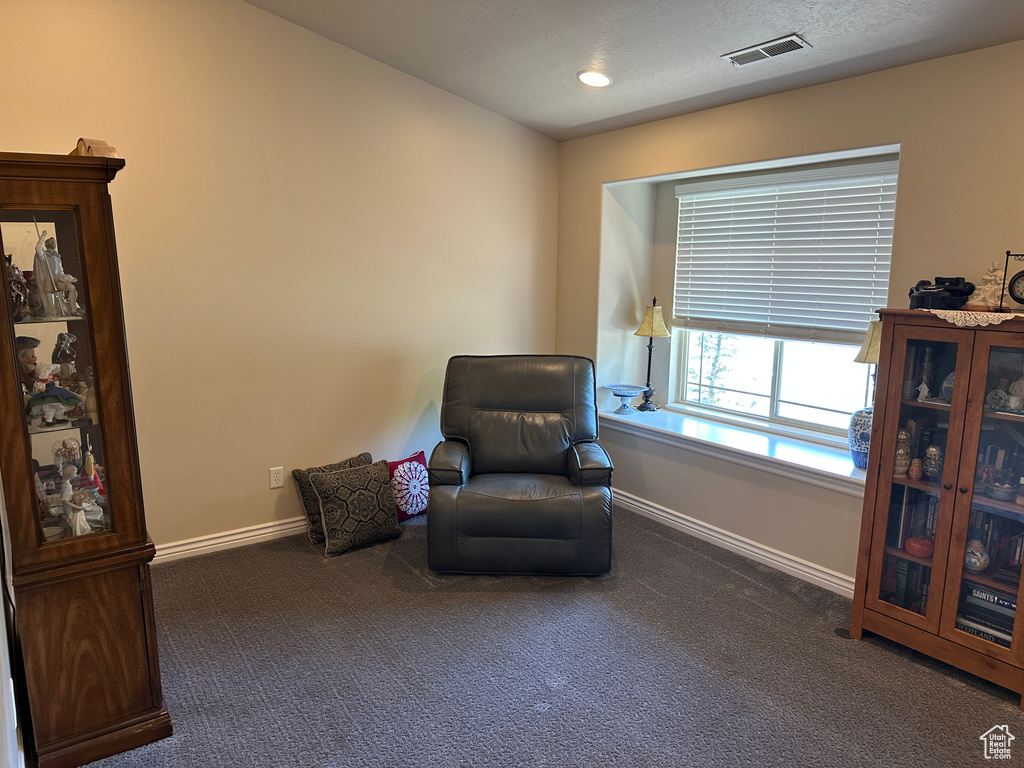 Living area featuring carpet flooring and baseboards
