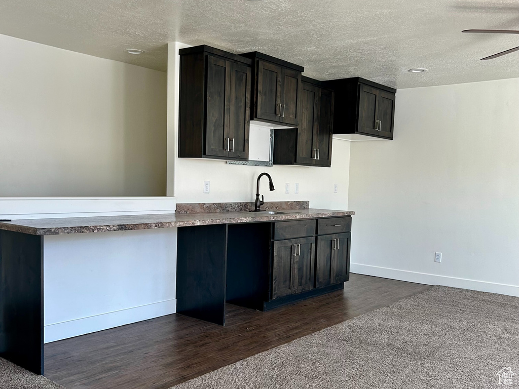 Kitchen with dark colored carpet, baseboards, open floor plan, and ceiling fan