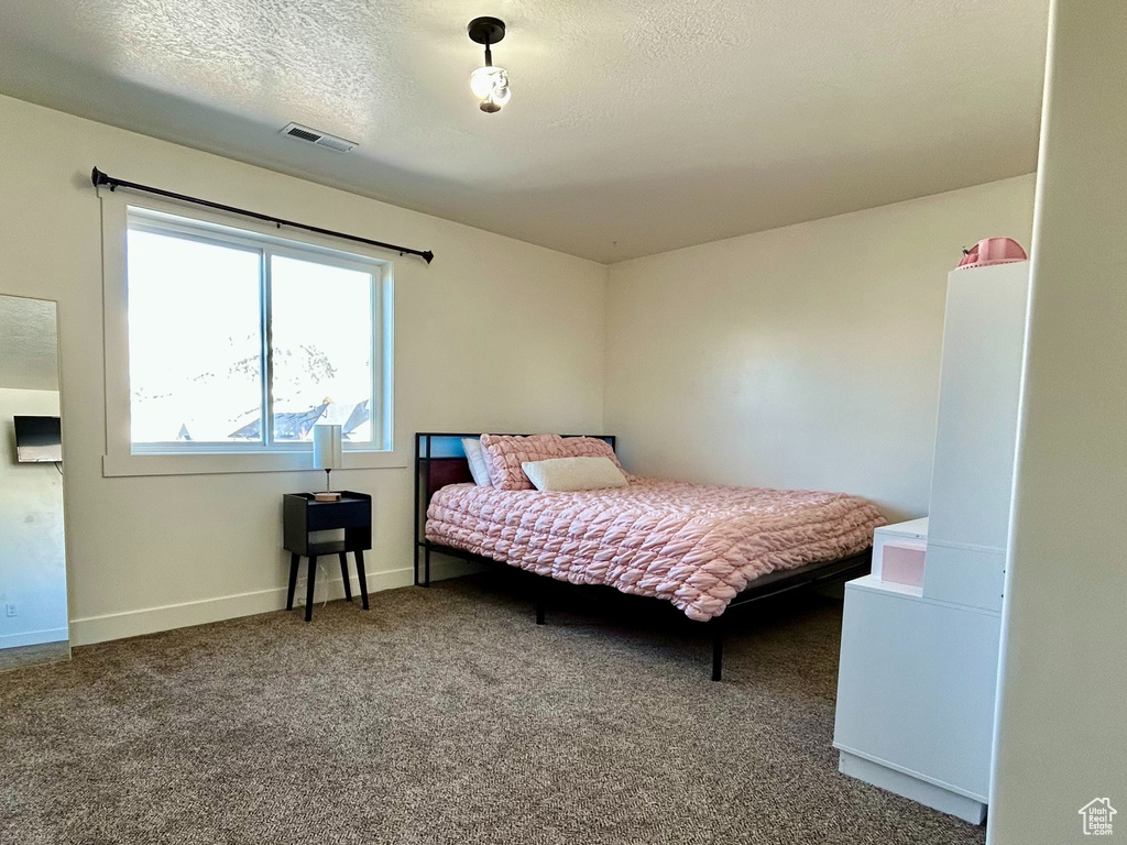 Bedroom featuring baseboards, carpet, visible vents, and a textured ceiling