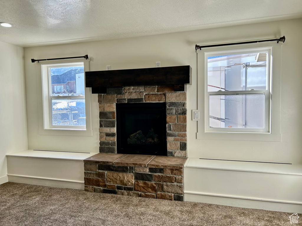 Details with carpet flooring, a fireplace, and a textured ceiling