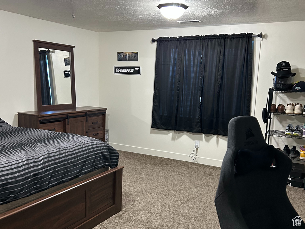 Bedroom with a textured ceiling, baseboards, and carpet floors